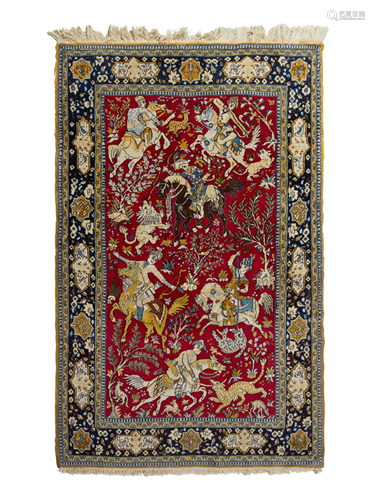 A Kirman Pictorial Wool Rug 7 feet x 4 feet 6 inches.