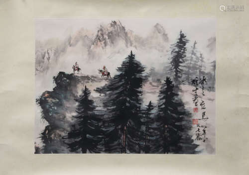 LI XIONGCAI: INK AND COLOR ON PAPER PAINTING 'LANDSCAPE SCENERY'