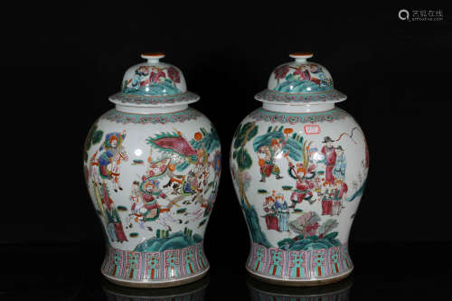 PAIR OF WUCAI 'WARRIORS' VASES WITH COVERS