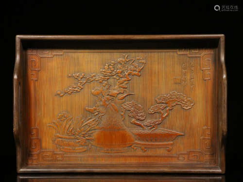 BAMBOO CARVED 'FLOWER PLANTERS' TRAY WITH HANDLES