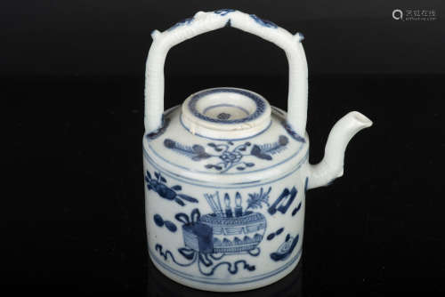 BLUE AND WHITE 'STUDY ROOM TREASURES' TEAPOT WITH LIFTING HANDLE