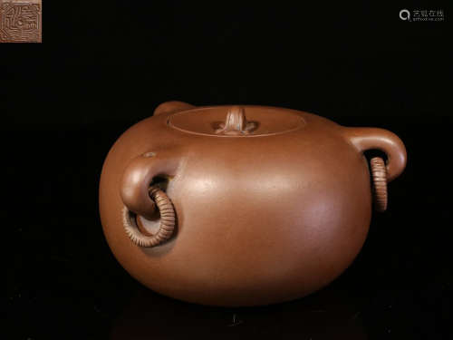 YIXING ZISHA ROUND TEAPOT WITH LOOPED RING HANDLES