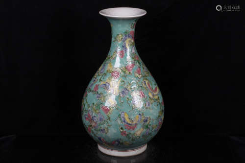 FAMILLE ROSE TURQUOISE GROUND 'FLOWERS AND BUTTERFLIES' VASE