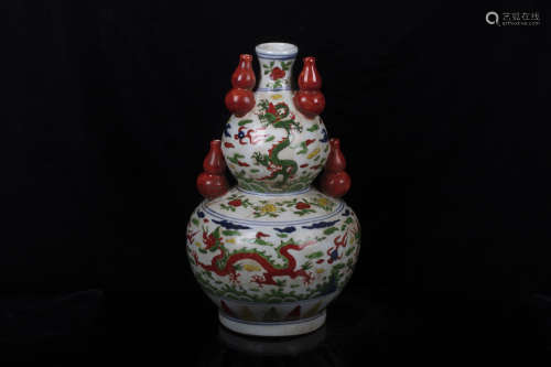 WUCAI 'DRAGON' DOUBLE GOURD VASE WITH HANDLES