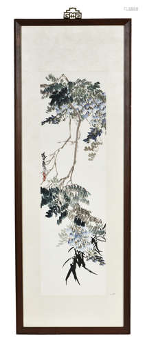 WU PINGKAN: FRAMED INK AND COLOR ON PAPER PAINTING 'FLOWERS'