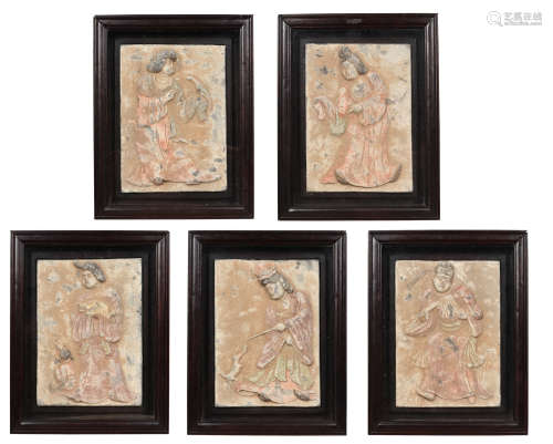 GROUP OF FIVE FRAMED 'PEOPLE' STONE WALL MURAL