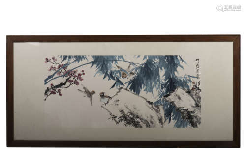 WU PINGKAN: FRAMED INK AND COLOR ON PAPER PAINTING 'BIRDS AND BAMBOO'