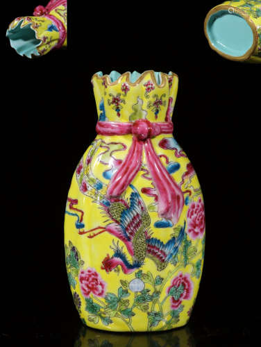 FAMILLE ROSE YELLOW GROUND 'FLOWERS AND PHOENIX' VASE