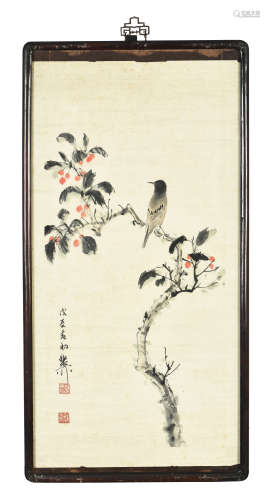 XIE ZHILIU: FRAMED INK AND COLOR ON PAPER PAINTING 'BIRDS AND FLOWERS'
