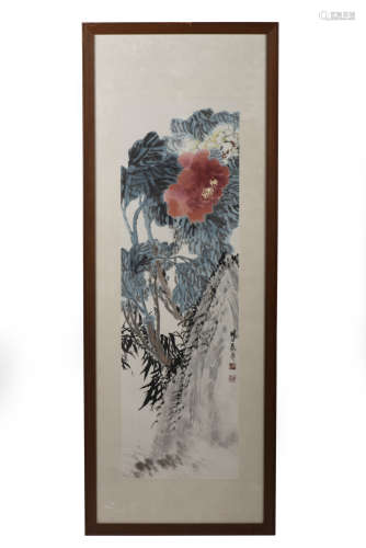 WU PINGKAN: FRAMED INK AND COLOR ON PAPER PAINTING 'FLOWERS'