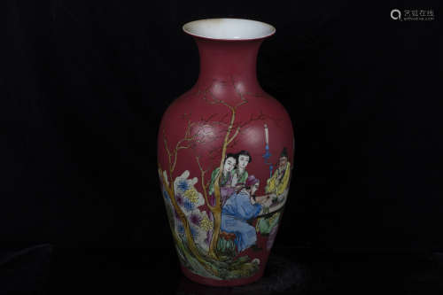 FAMILLE ROSE RED GROUND 'PEOPLE' VASE
