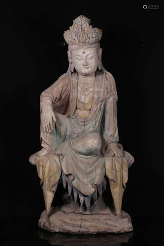 WOOD CARVED AND PAINTED 'BODHISATTVA' SEATED FIGURE