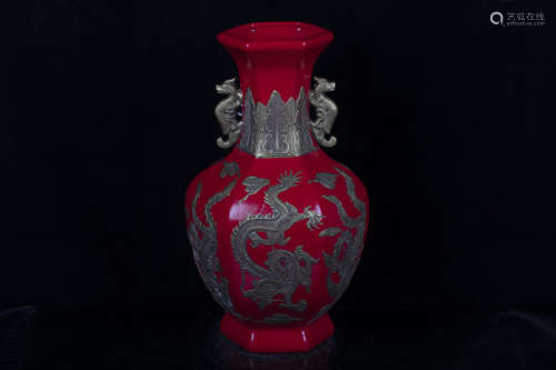 MONOCHROME RED AND BRONZE ENCLOSED 'DRAGONS' HEXAGONAL VASE