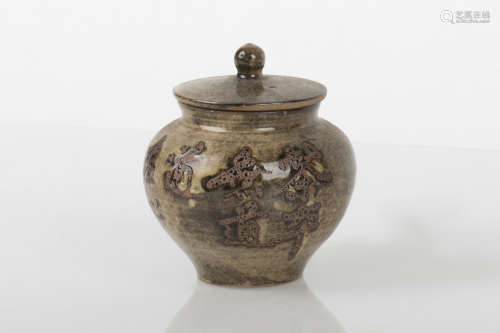 TEA DUST GLAZED AND CARVED TEA JAR WITH COVER