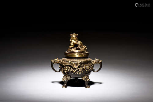 GILT BRONZE CAST AND CARVED 'MYTHICAL BEAST' CENSER WITH HANDLES AND LID