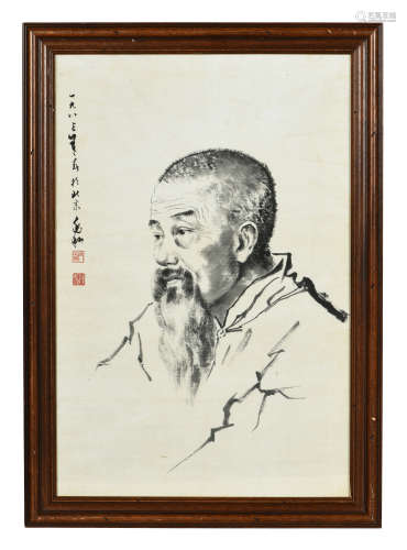 JIANG ZHAOHE: FRAMED INK ON PAPER PAINTING 'PORTRAIT'