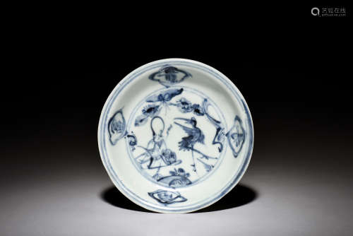 BLUE AND WHITE 'ELDER AND CRANE' DISH