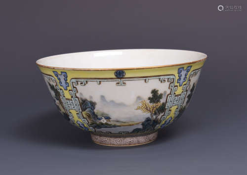 FAMILLE ROSE YELLOW GROUND AND OPEN MEDALLION 'LANDSCAPE SCENERY' BOWL