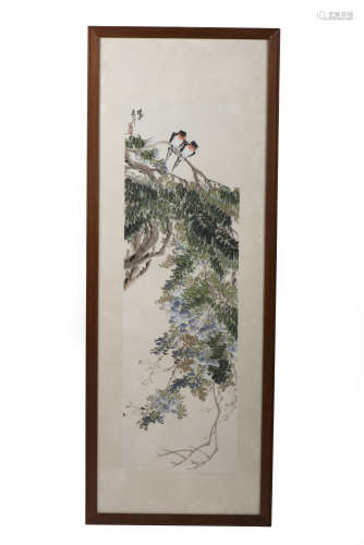 WU PINGKAN: FRAMED INK AND COLOR ON PAPER PAINTING 'MAGPIE BIRDS'