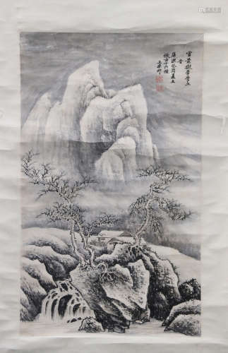 WANG YUANQI: INK ON PAPER PAINTING 'SNOWY MOUNTAINS'