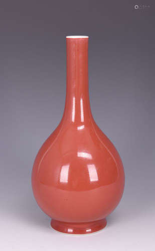 MONOCHROME RED GLAZED VASE WITH LONG NECK