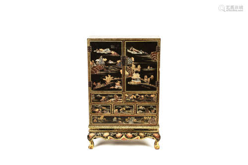 LACQUER AND GILT 'LANDSCAPE SCENERY' CABINET