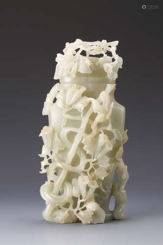 WHITE JADE RETICULATE CARVED 'FLOWERS AND VINES' VASE WITH COVER