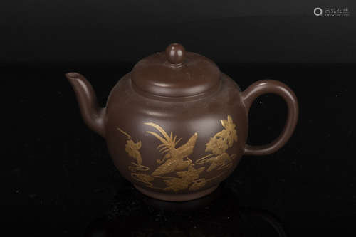 YIXING ZISHA GILT 'FLOWERS AND BIRDS' TEAPOT