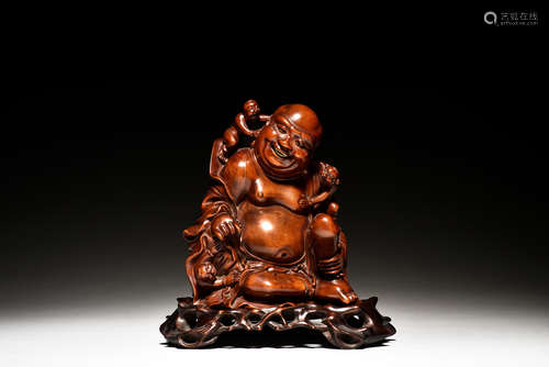 WOOD CARVED MAITREYA BUDDHA SEATED FIGURE