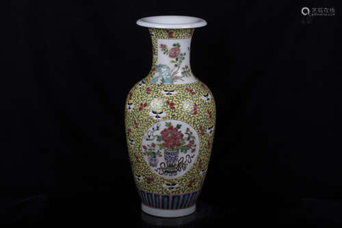 FAMILLE ROSE YELLOW GROUND AND OPEN MEDALLION 'FLOWERS' VASE