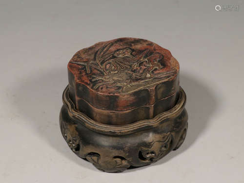 SONGHUA STONE CARVED 'CRANES AND LOTUS' INK STONE