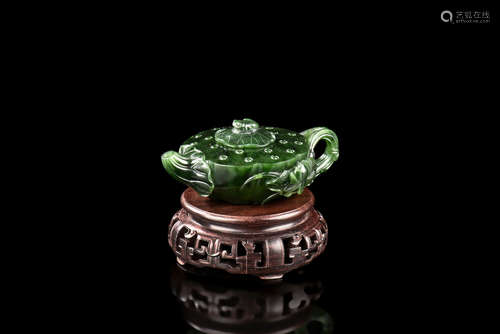 NEPHRITE JADE CARVED 'LOTUS' TEAPOT WITH WOODEN STAND