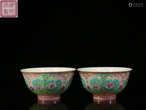 PAIR OF FAMILLE ROSE PINK GROUND 'FLOWERS' BOWLS