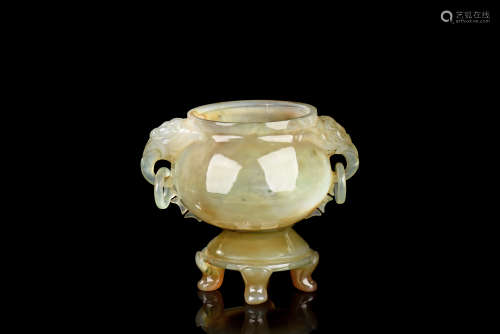 AGATE CARVED CENSER WITH STAND AND HANDLES