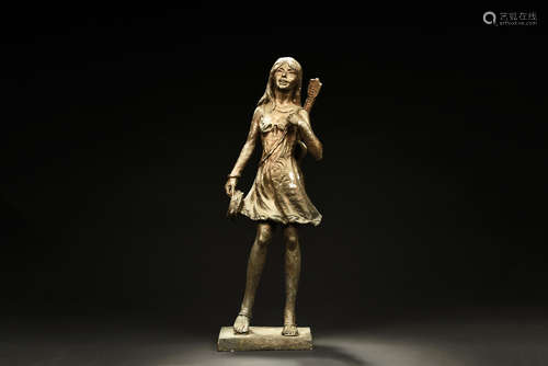 WESTERN BRONZE CAST 'GIRL WITH GUITAR' FIGURE