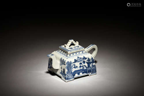 BLUE AND WHITE 'LANDSCAPE SCENERY' TEAPOT