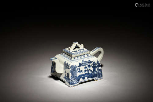 BLUE AND WHITE 'LANDSCAPE SCENERY' TEAPOT
