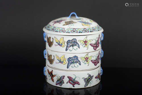 WUCAI THREE TIERED 'BUTTERFLIES' BOX WITH COVER
