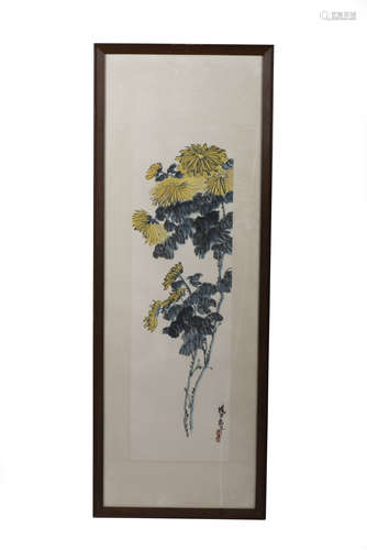 WU PINGKAN: FRAMED INK AND COLOR ON PAPER PAINTING 'CHRYSANTHEMUM FLOWERS'