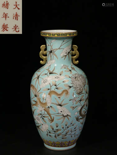 TURQUOISE GROUND 'DRAGON' VASE WITH HANDLES