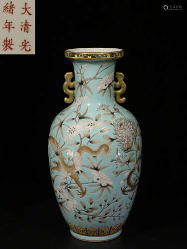 TURQUOISE GROUND 'DRAGON' VASE WITH HANDLES