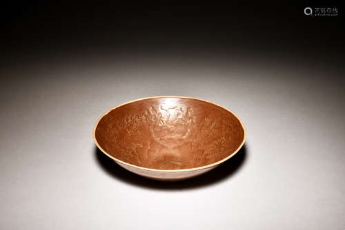BROWN GLAZED AND INCISED 'FLOWERS' CONICAL BOWL