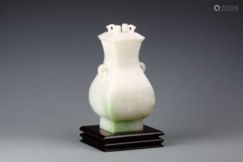 WHITE JADE CARVED EXPANDED VASE WITH LID AND LOOPED RING HANDLES