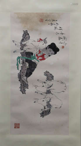 FAN ZENG: INK AND COLOR ON PAPER PAINTING 'GIRL AND GOATS'