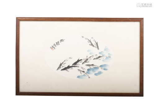 WU KANBAI: FRAMED INK AND COLOR ON PAPER PAINTING 'FISH'