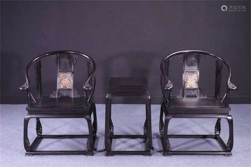 A Set of Chinese Carved Hardwood Chairs and End Table