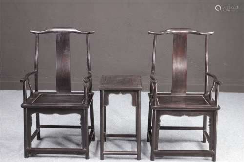A Set of Chinese Carved Hardwood Chairs and End Table