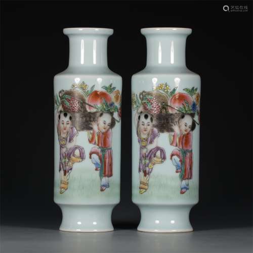 A Pair of Chinese Famille-Rose Celadon Glazed Porcelain Vase