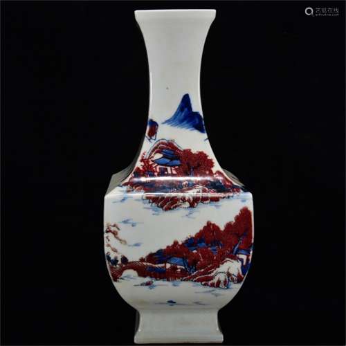 A Chinese Iron-Red Glazed Blue and White Porcelain Square Vase