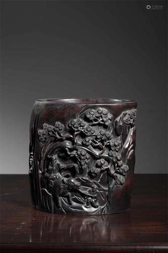 A Chinese Carved Hardwood Brush Pot